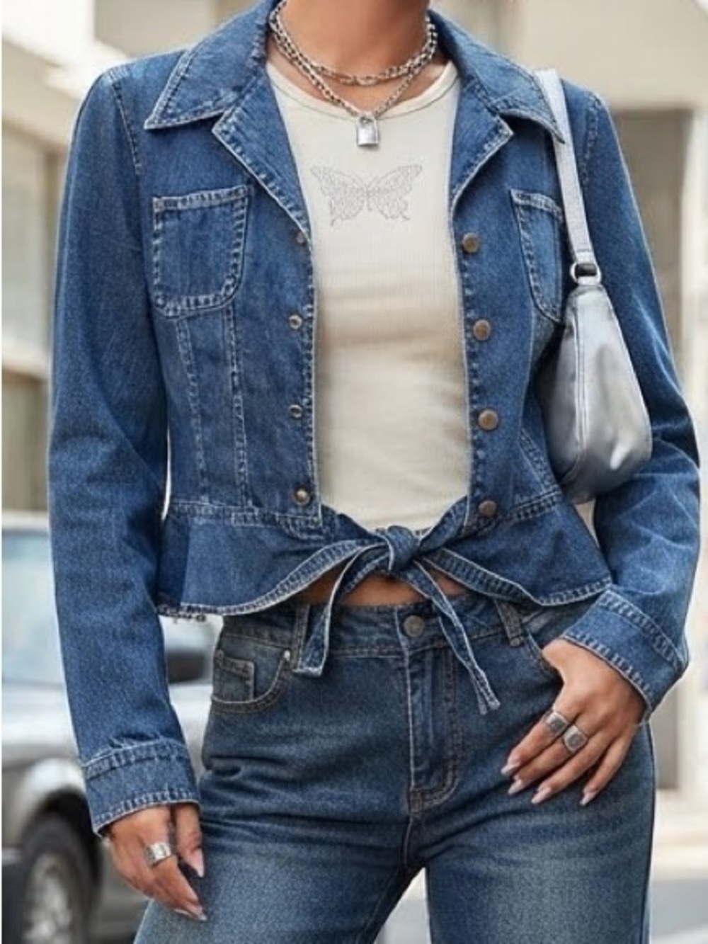 Vintage Y2K Jones New York Tie Waist Peplum Denim Jacket